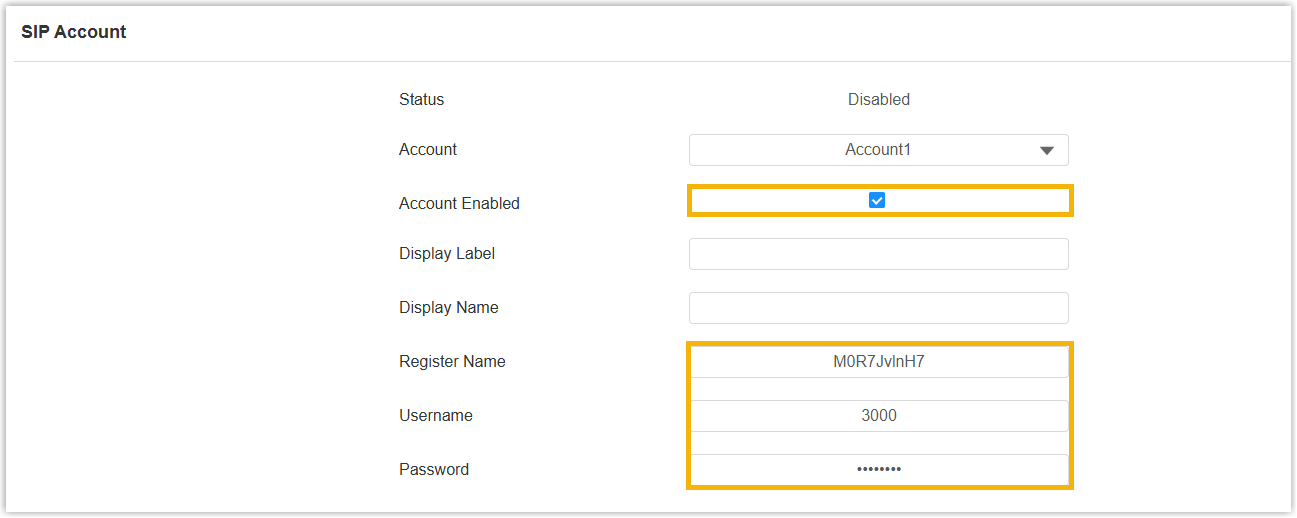Akuvox SIP Account settings with the account enabled and extension credentials entered