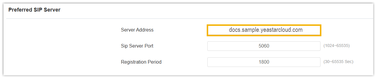 Cloud Voice, Preferred SIP Server section with the PBX domain name in the Server Address field