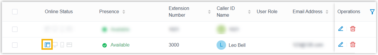 Cloud Voice Online Status page showing the intercom extension registered as a SIP endpoint