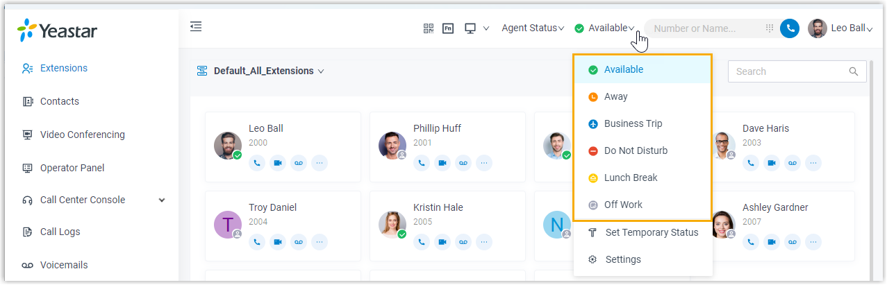 Cloud Voice, the presence drop-down list open at the top of the desktop app