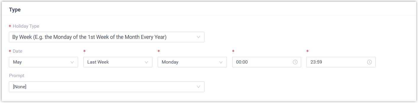 Holiday configured by the week of a month