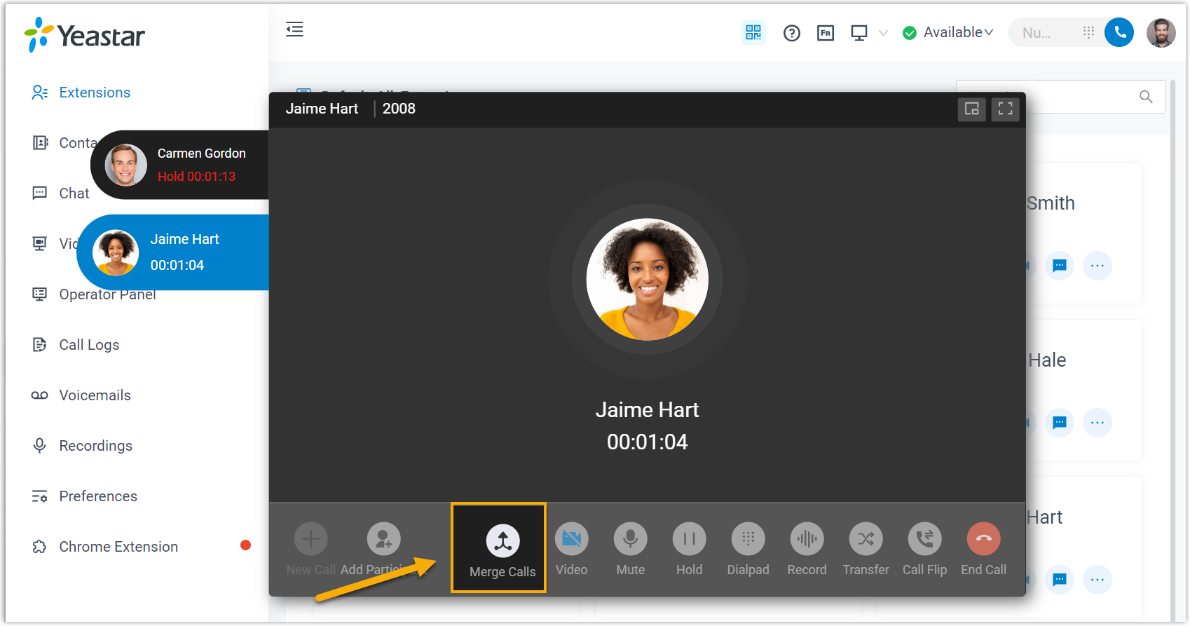 Cloud Voice, the Merge Calls control at the bottom of the call panel