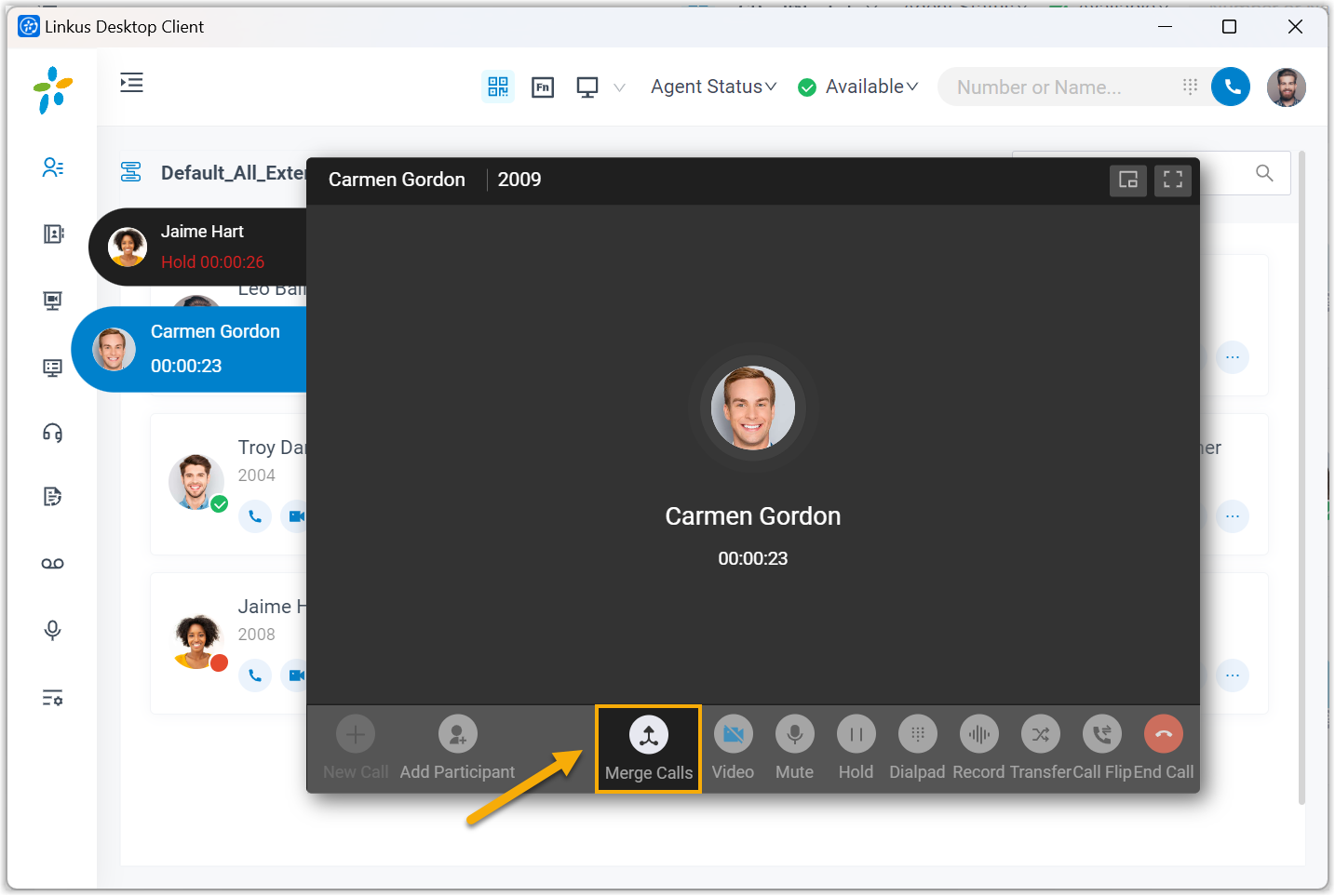 Cloud Voice, the Merge Calls control at the bottom of the call panel