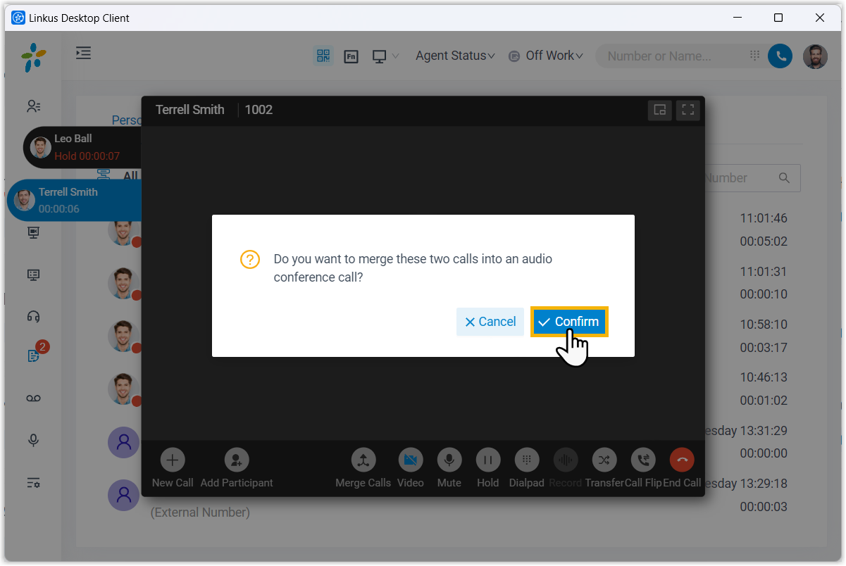 Cloud Voice, confirmation prompt for merging two active calls