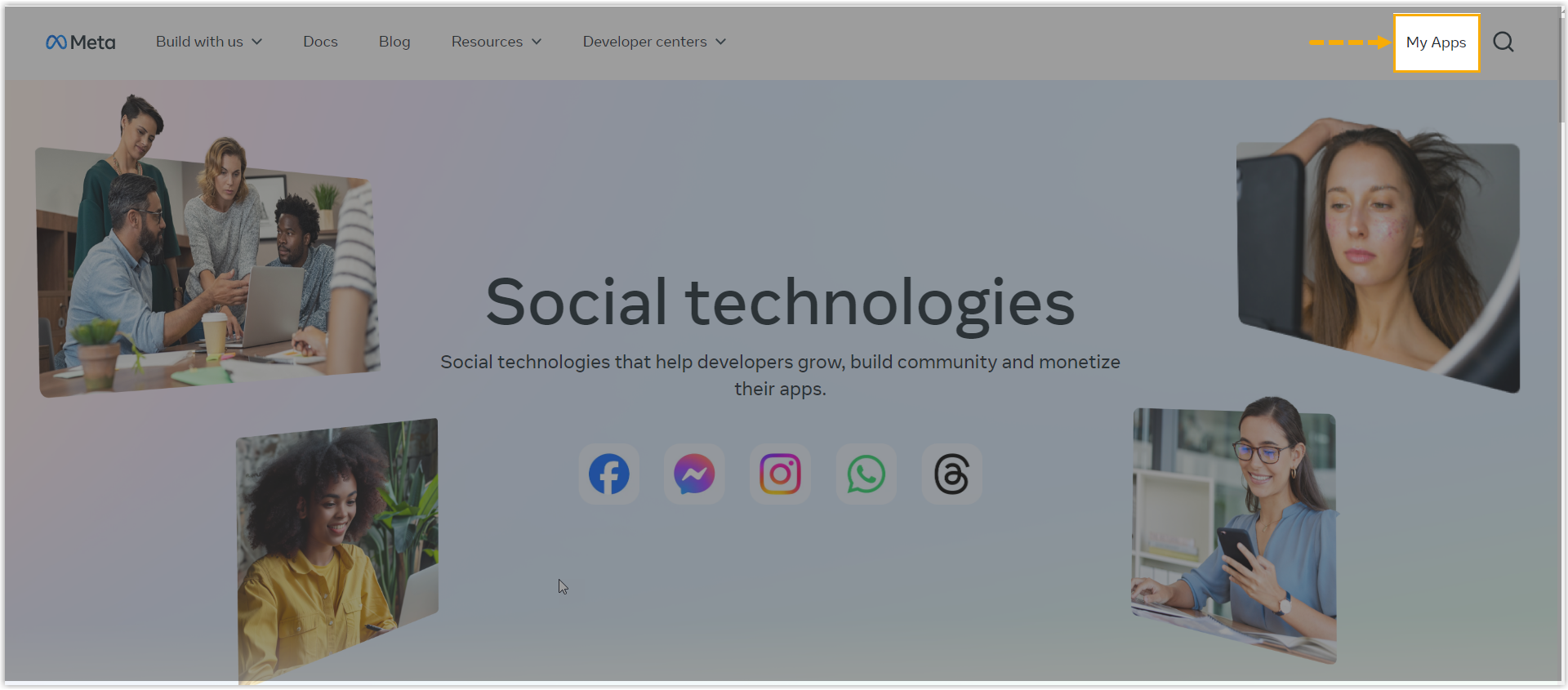 Meta for Developers top menu with the My Apps option highlighted