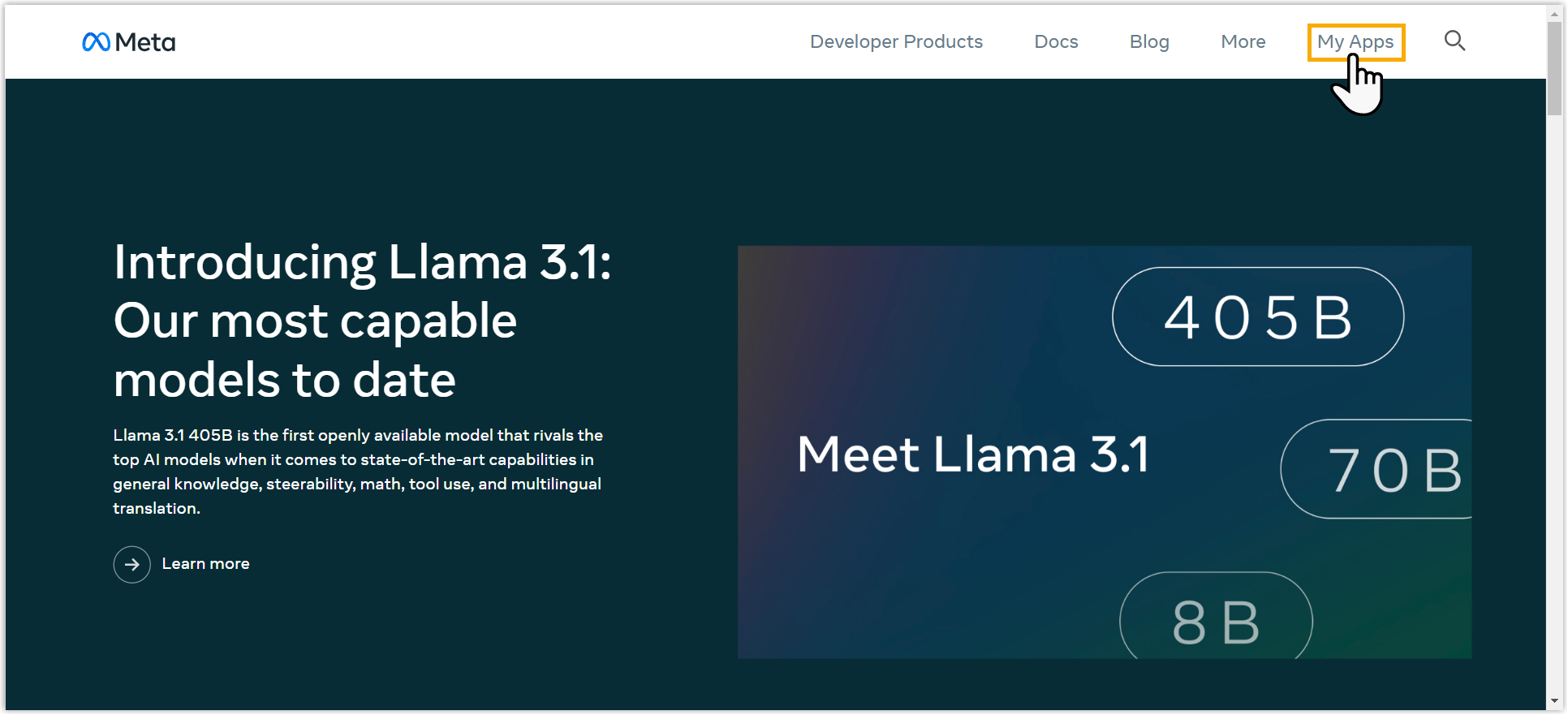Meta for Developers landing page with the My Apps menu