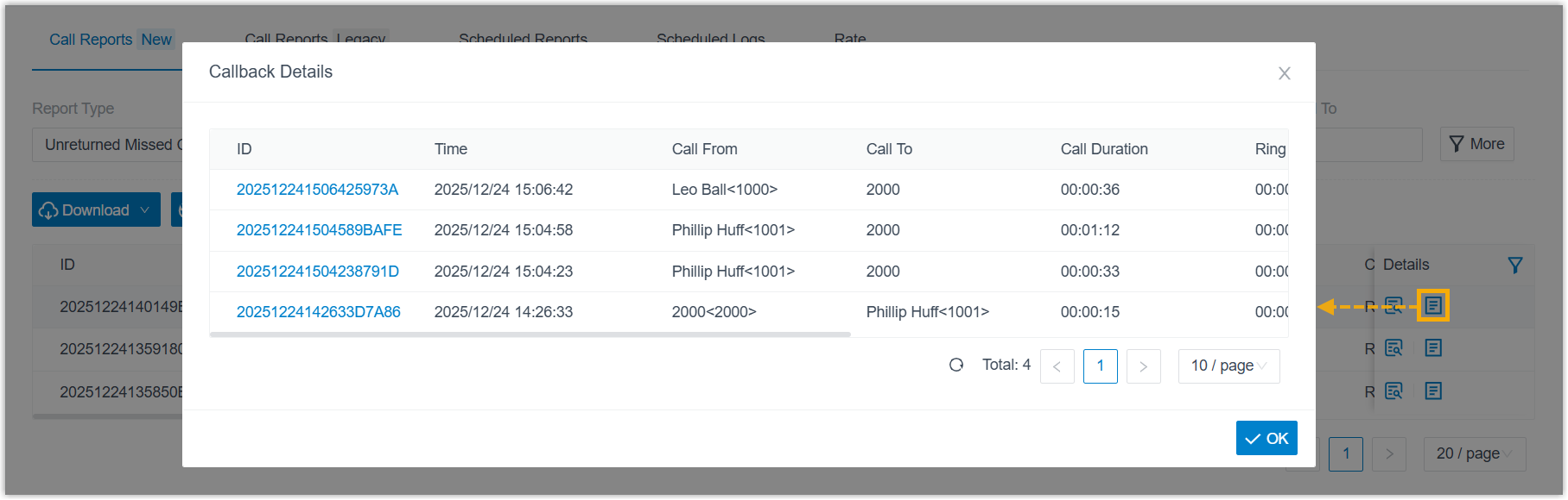 Callback detail columns for a missed call