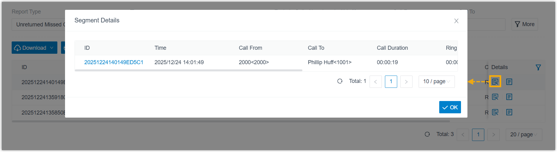 Segment detail columns for a missed call