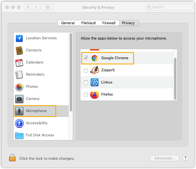 Cloud Voice, macOS Microphone privacy pane with browser checkboxes selected
