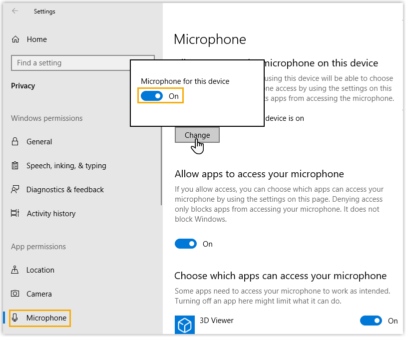Windows microphone access turned on for the device