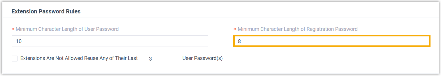 The extension password rules with a minimum length for registration passwords
