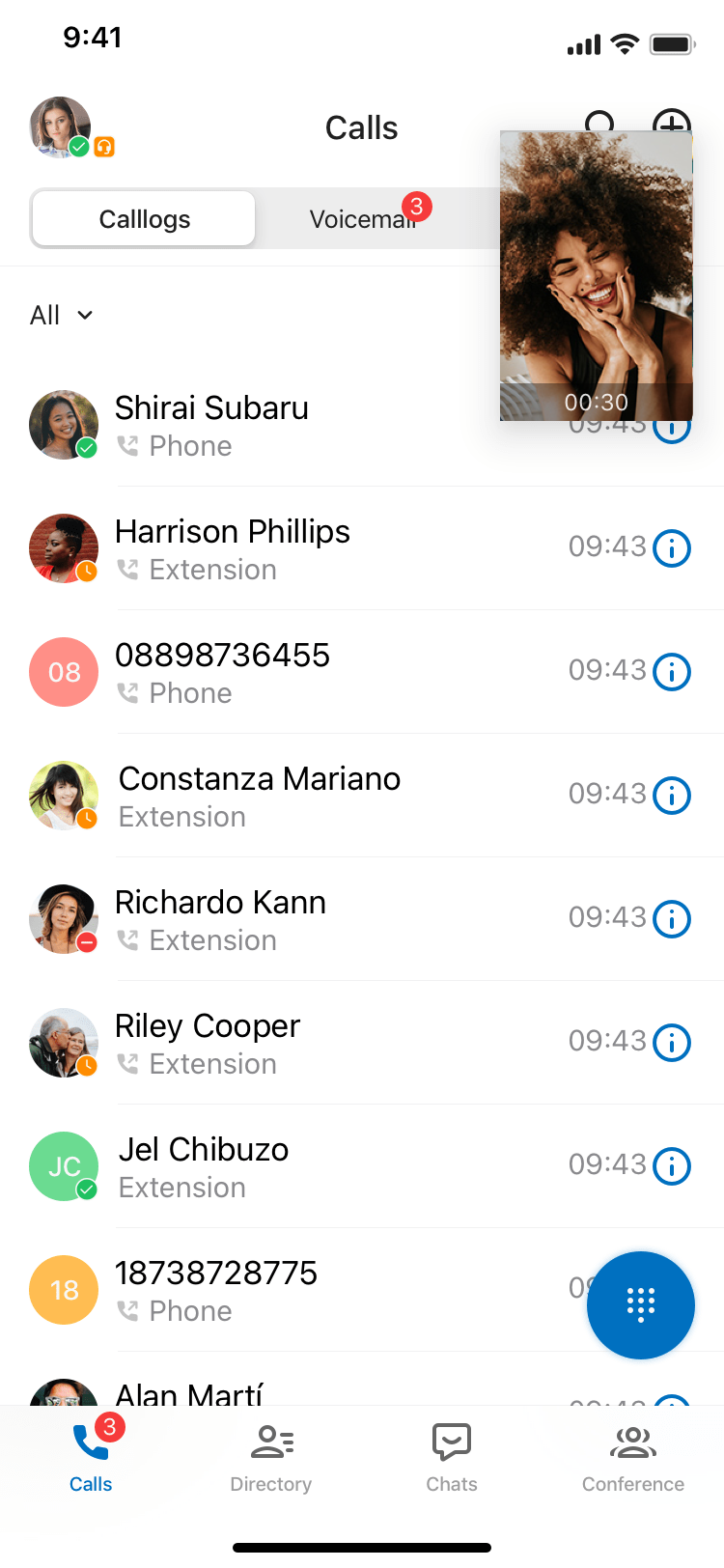 A minimized video call displayed as a floating window in the app