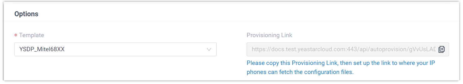 Cloud Voice, template and provisioning link options for a Mitel phone