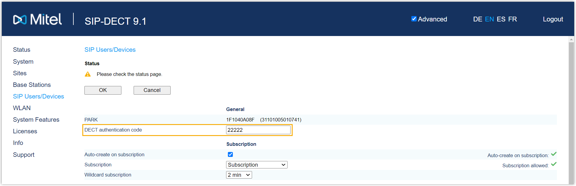Setting the DECT authentication code on the base station