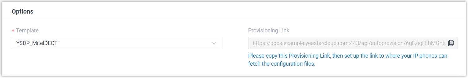 Cloud Voice, provisioning options for the base station, including template and provisioning link