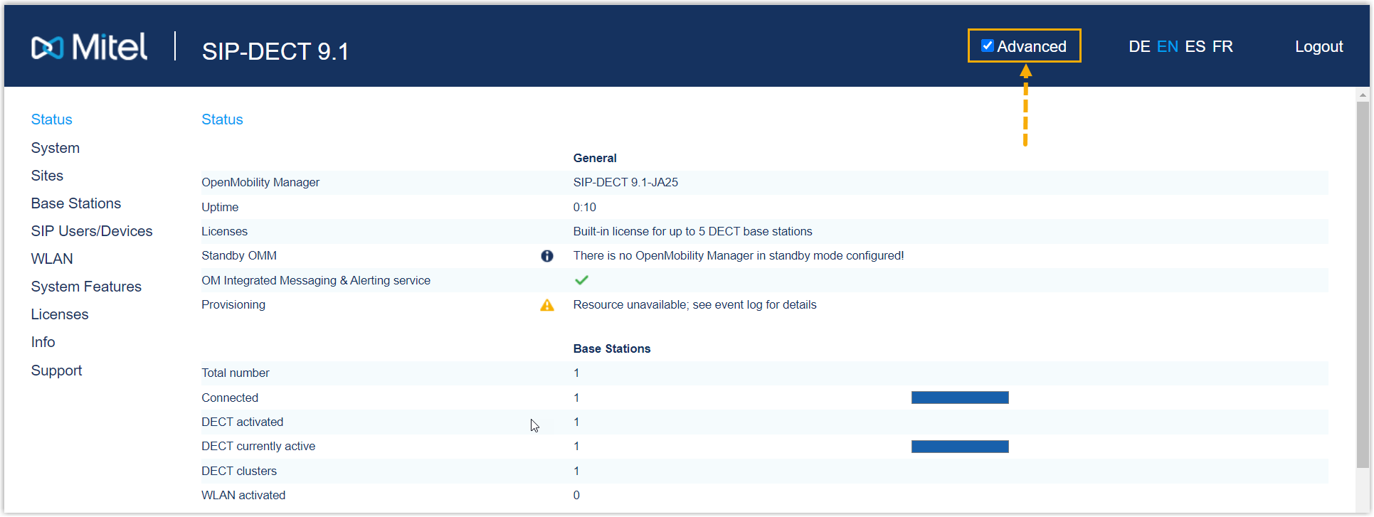 Enabling the Advanced checkbox to show advanced settings on the base station