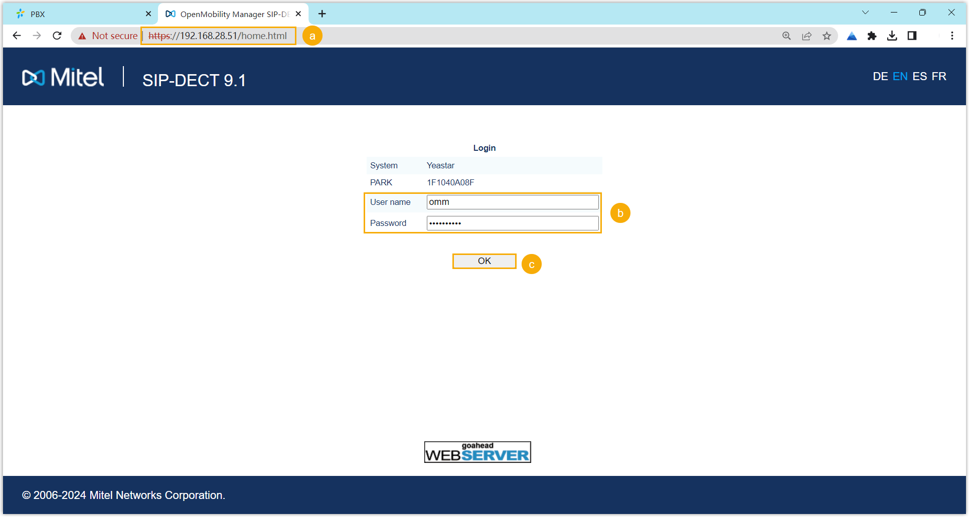 Cloud Voice, login page of the Mitel DECT base station web interface