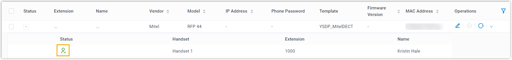 Cloud Voice auto provisioning list showing the DECT handset registered to its extension