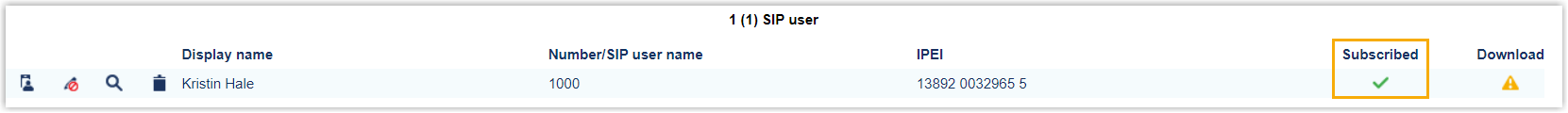 Base station SIP user list showing the subscribed handset
