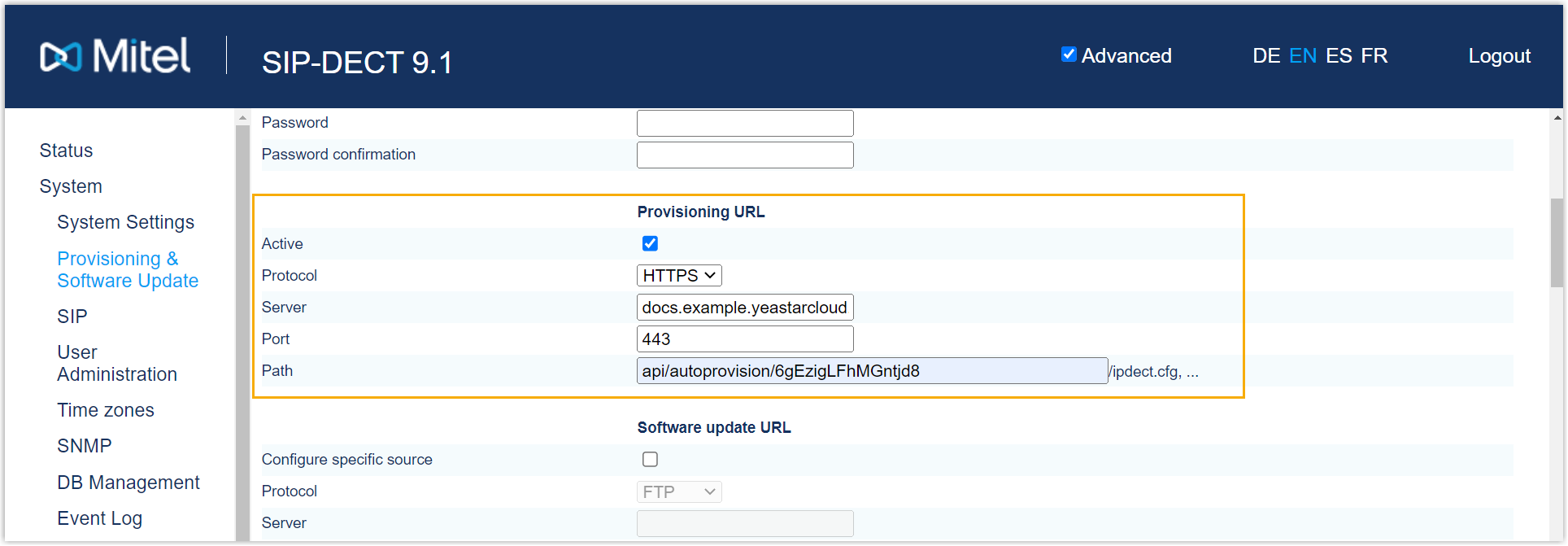 Cloud Voice, entering the provisioning URL details on the base station