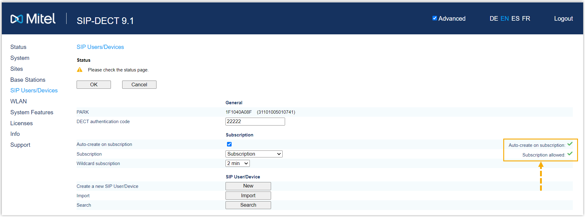 Subscription page showing the base station has downloaded its configuration