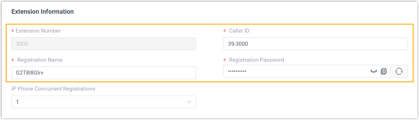 The Extension Information tab listing the extension number, caller ID, registration name, and registration password