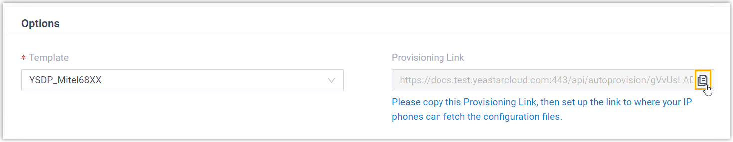 Cloud Voice, copying a phone's provisioning link from its detail page