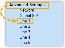 The Advanced Settings menu with a line selected on the Mitel phone