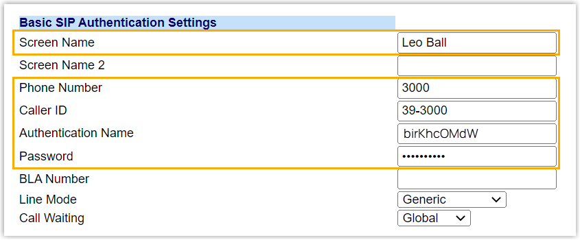 The Basic SIP Authentication Settings fields filled in on the Mitel phone