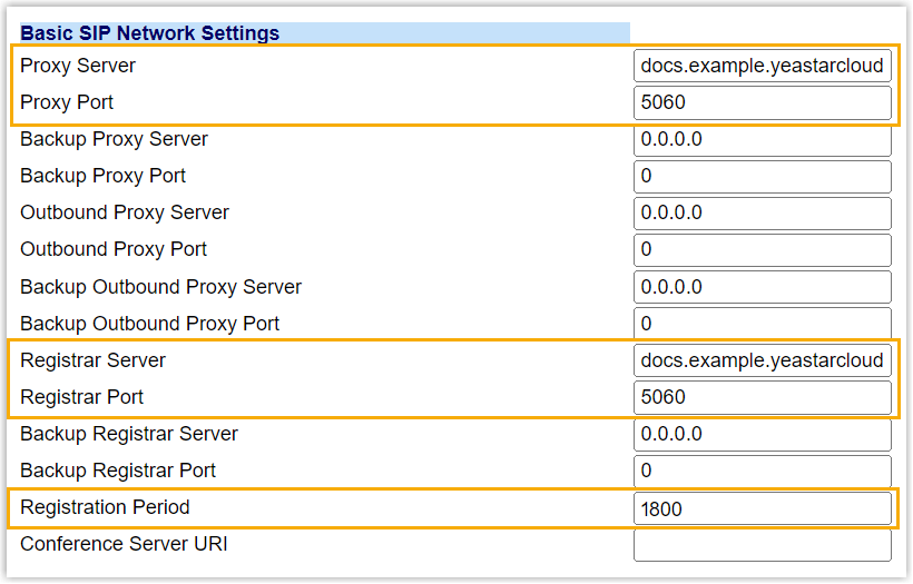 The Basic SIP Network Settings fields with the proxy and registrar server and port values entered