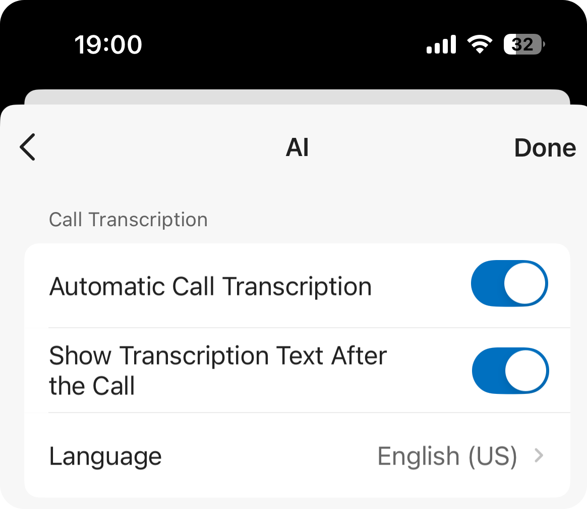 The AI settings panel with call transcription options in the Cloud Voice App
