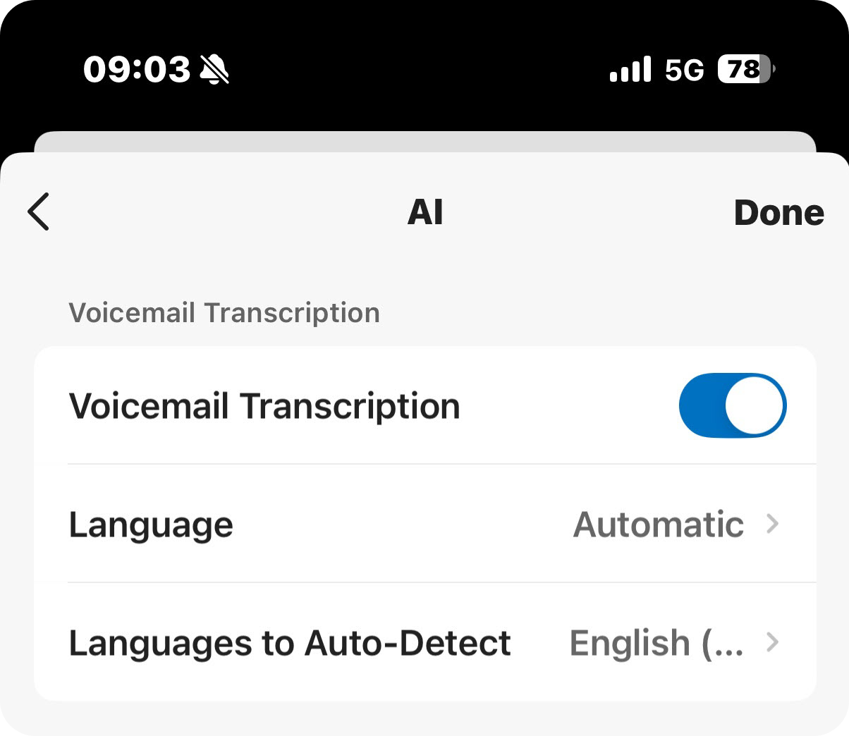 Voicemail Transcription options on the AI settings screen of the mobile app