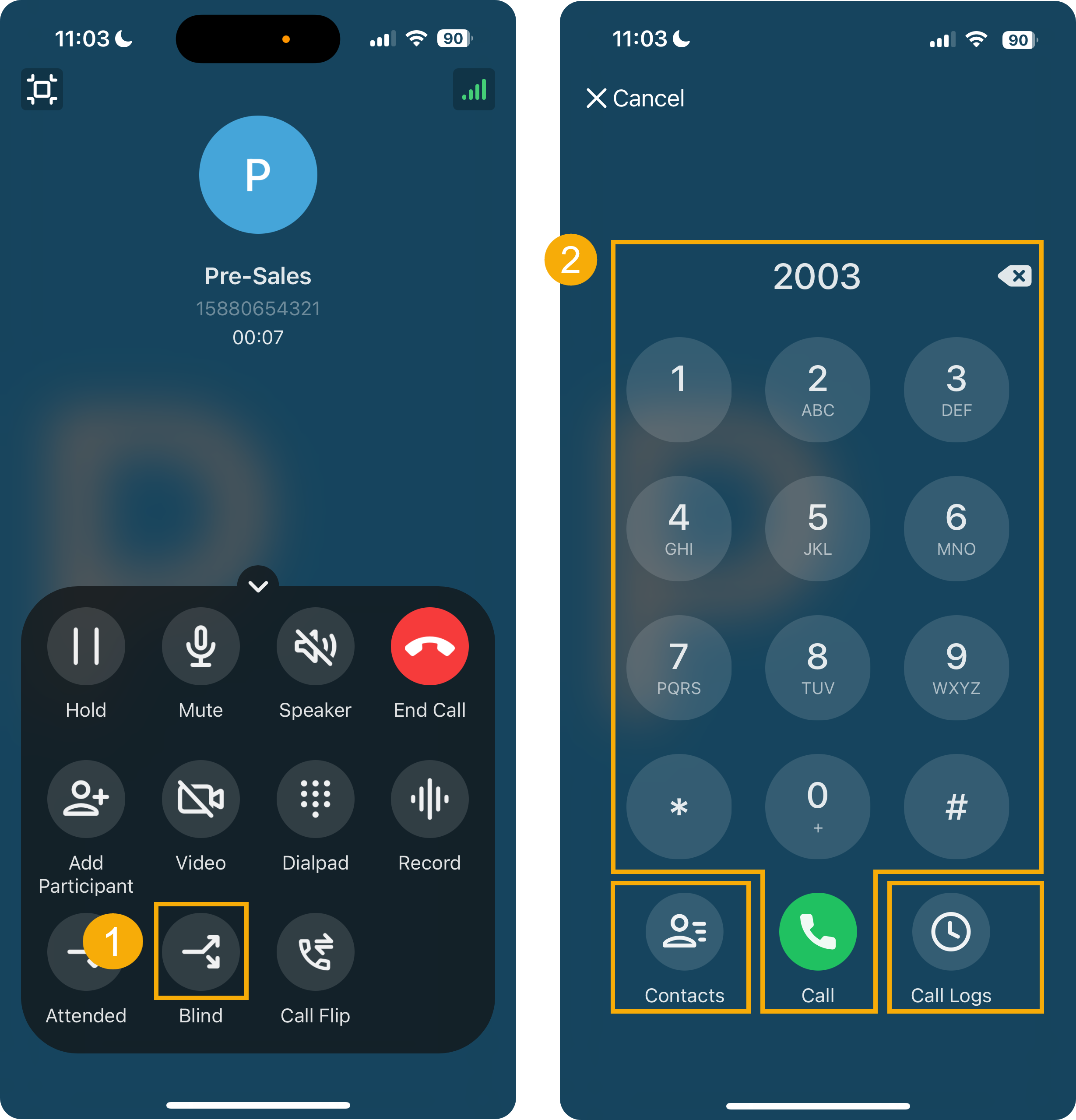 The blind transfer flow on a mobile call screen, from holding the caller to placing them with the new party