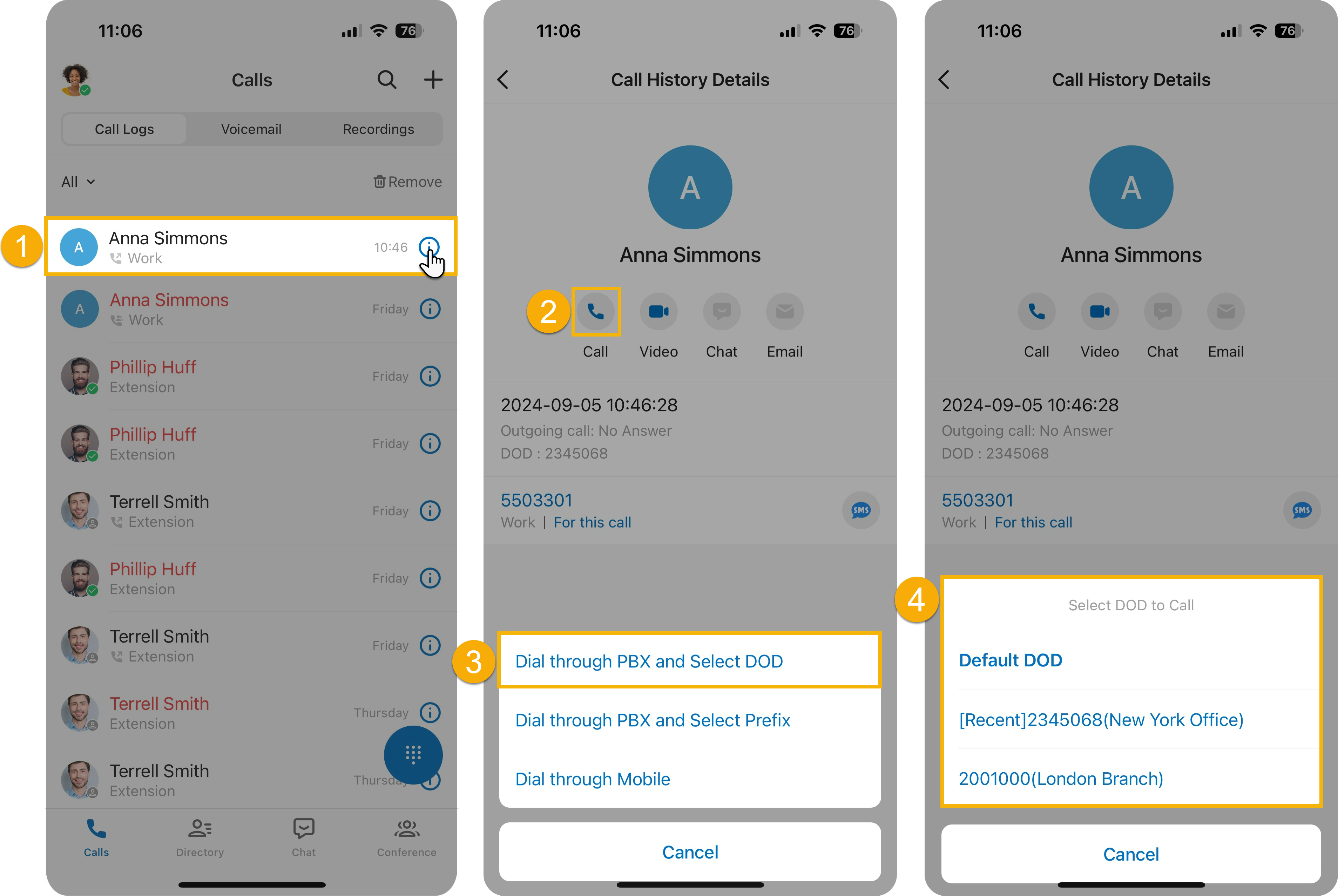 Call log entry expanded with the dial-through-PBX and select-DOD option