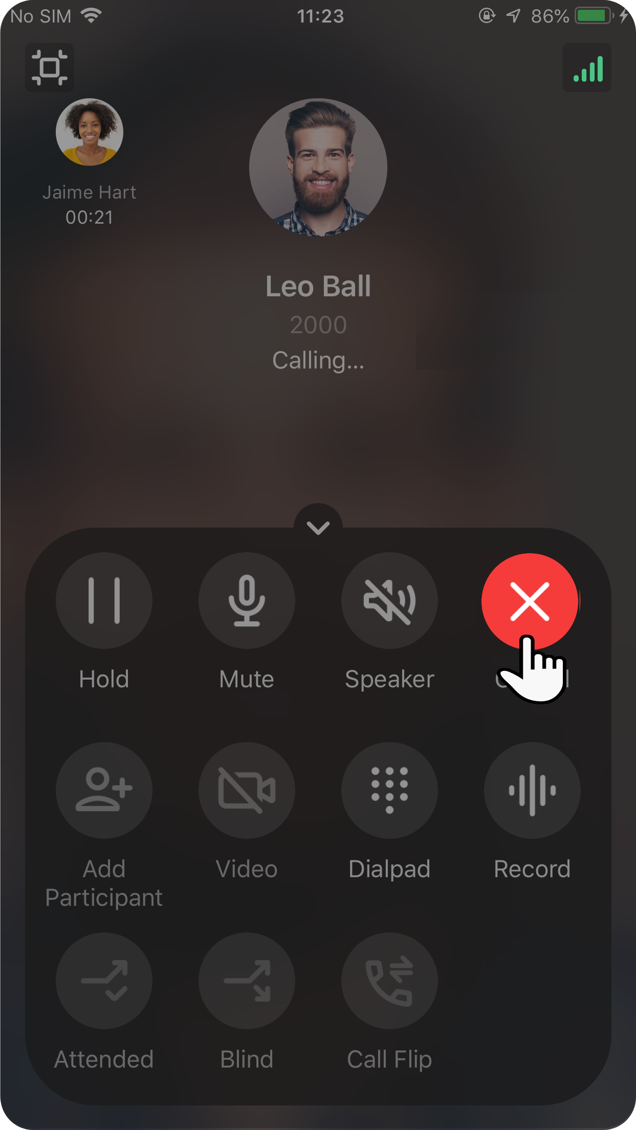The call screen showing the option to cancel a flip in progress