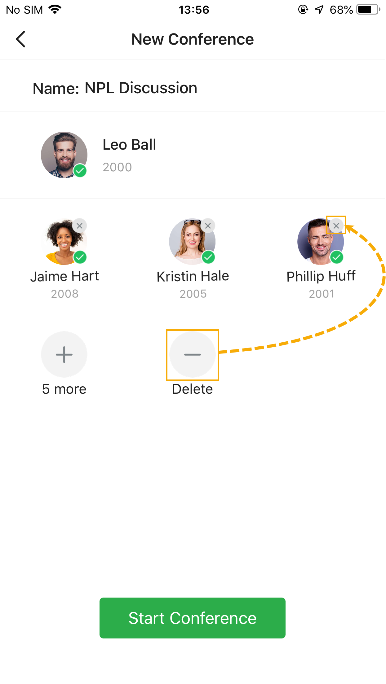 Conference participant list with a delete control shown on a selected entry