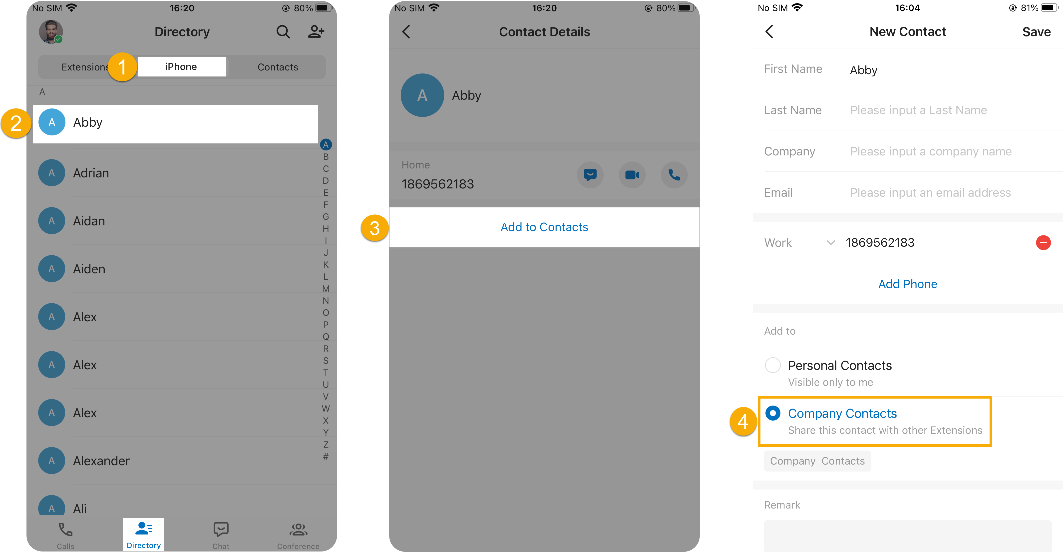 Adding a native phone contact to the company directory