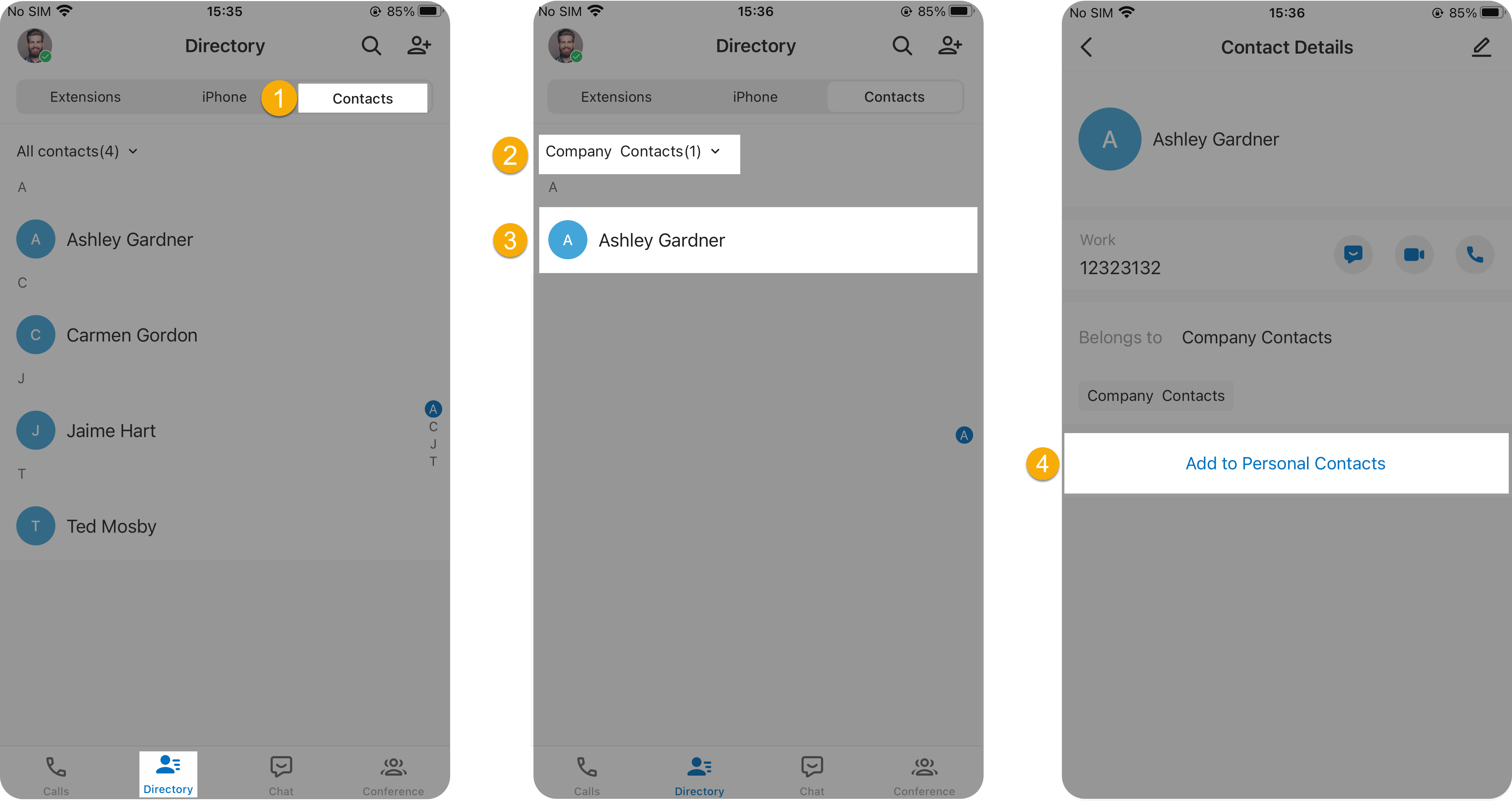 Opening a company contact and choosing Add to Personal Contacts