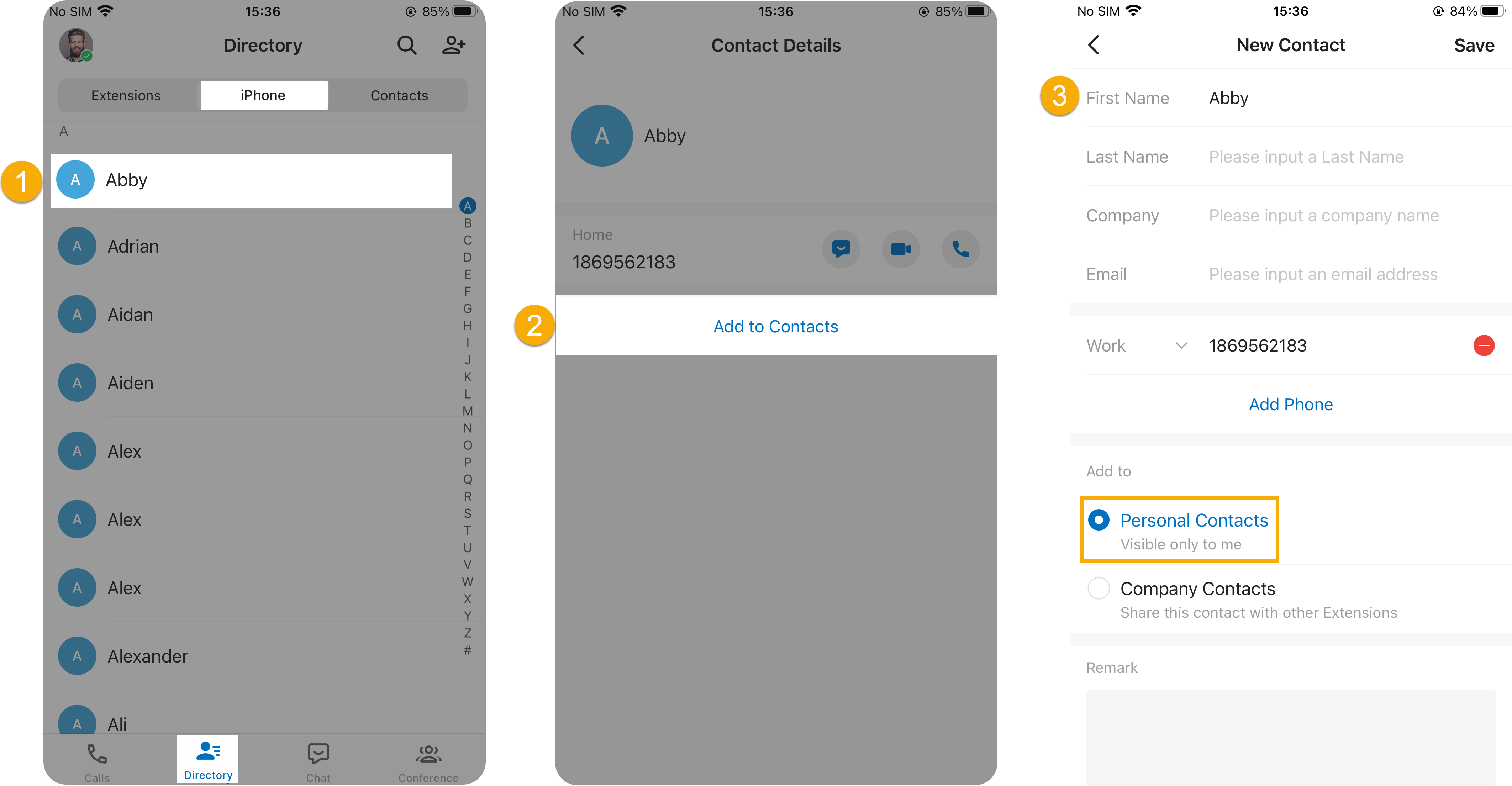Adding a native phone contact to Personal Contacts from the Phone tab