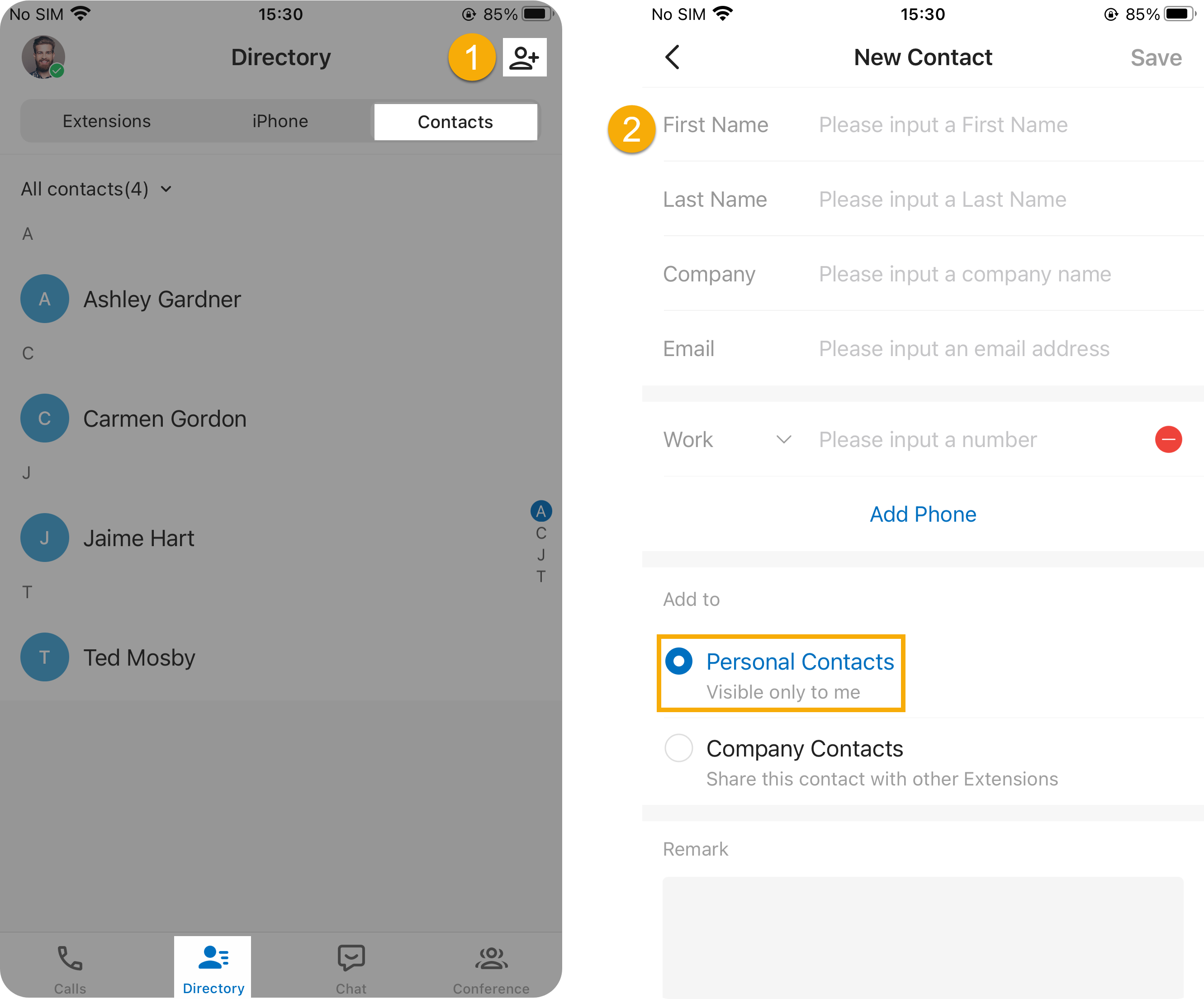 Adding a new personal contact from the Contacts tab, with the Add to field set to Personal Contacts