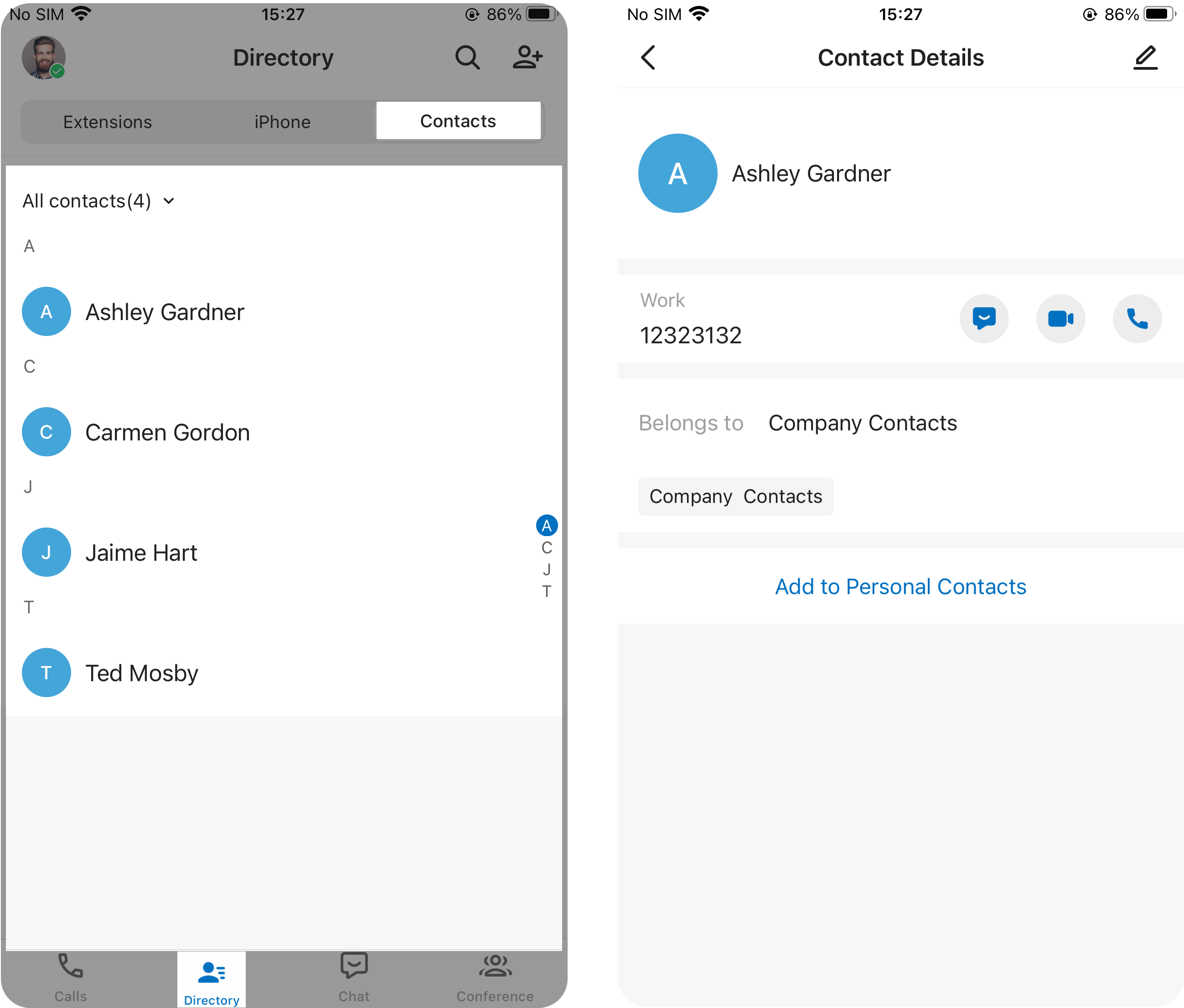 External contacts organized into personal and company lists in the Cloud Voice App