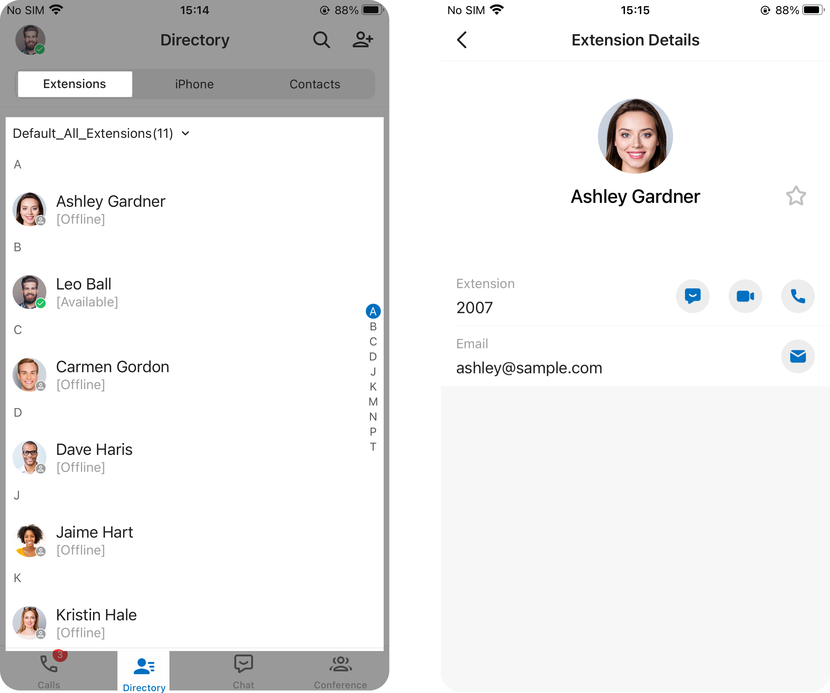 Coworker list showing extension presence indicators in the Cloud Voice App