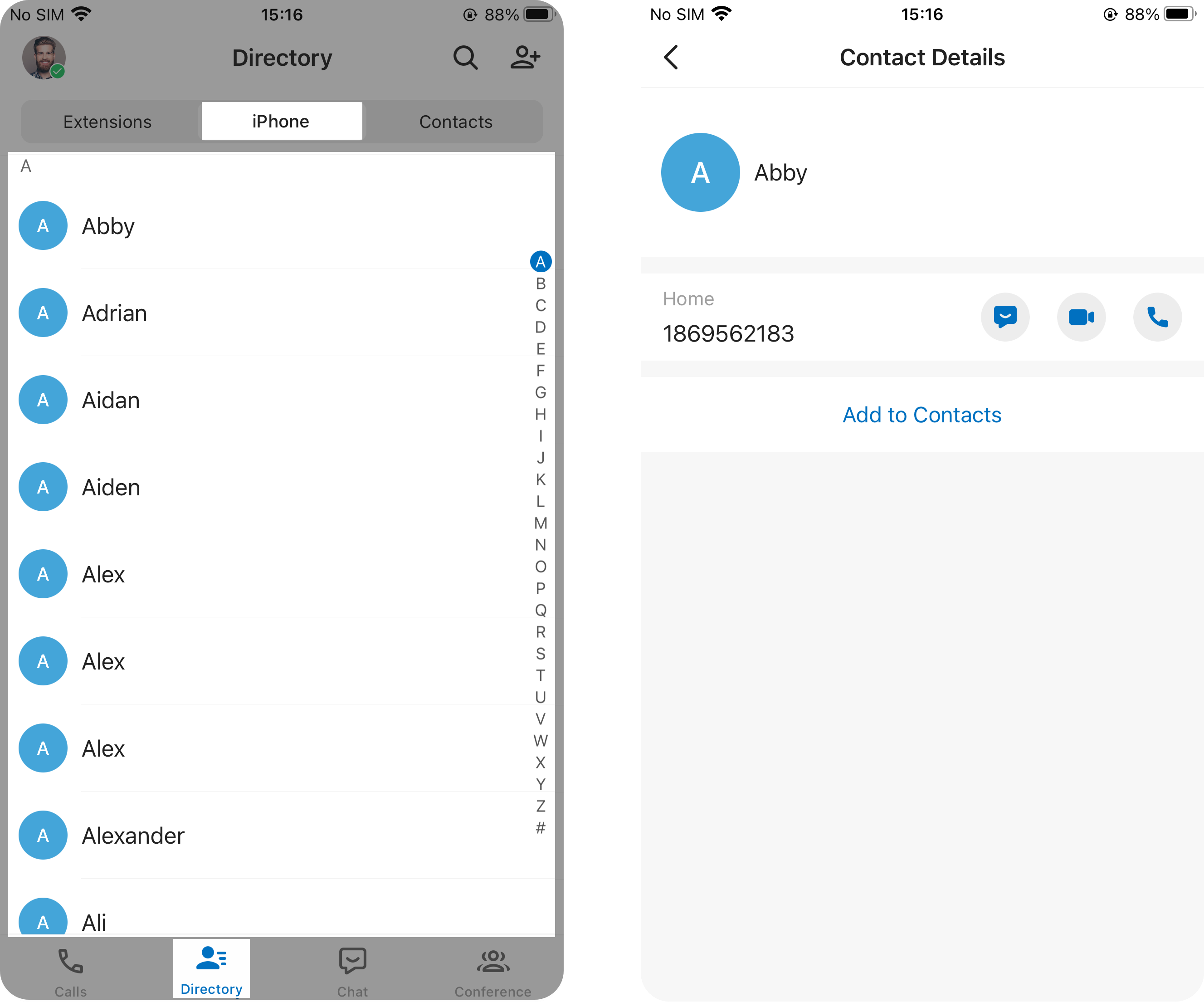 Native handset contacts listed inside the Cloud Voice App