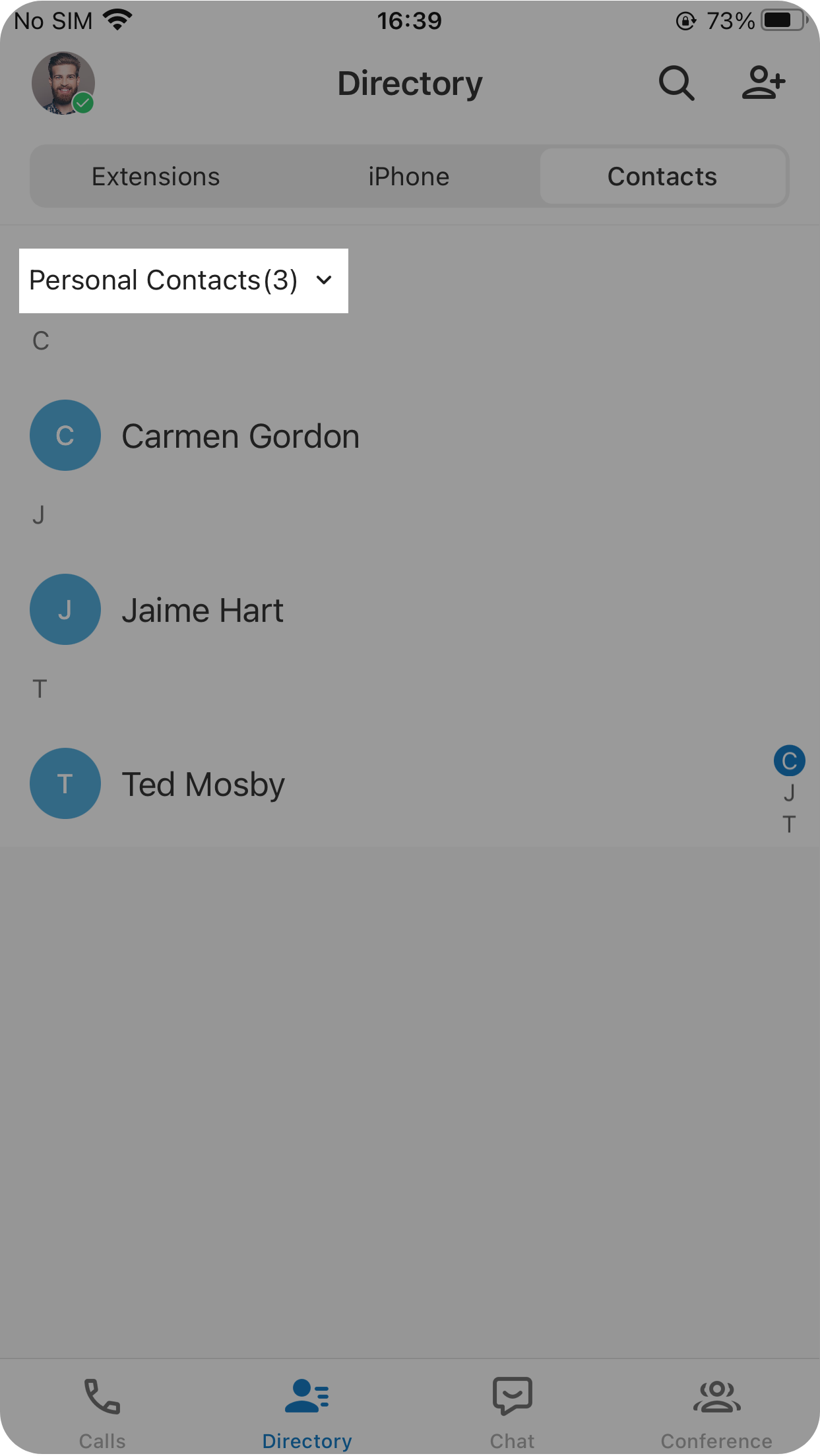 Contact list selector set to the personal contacts view on a phone