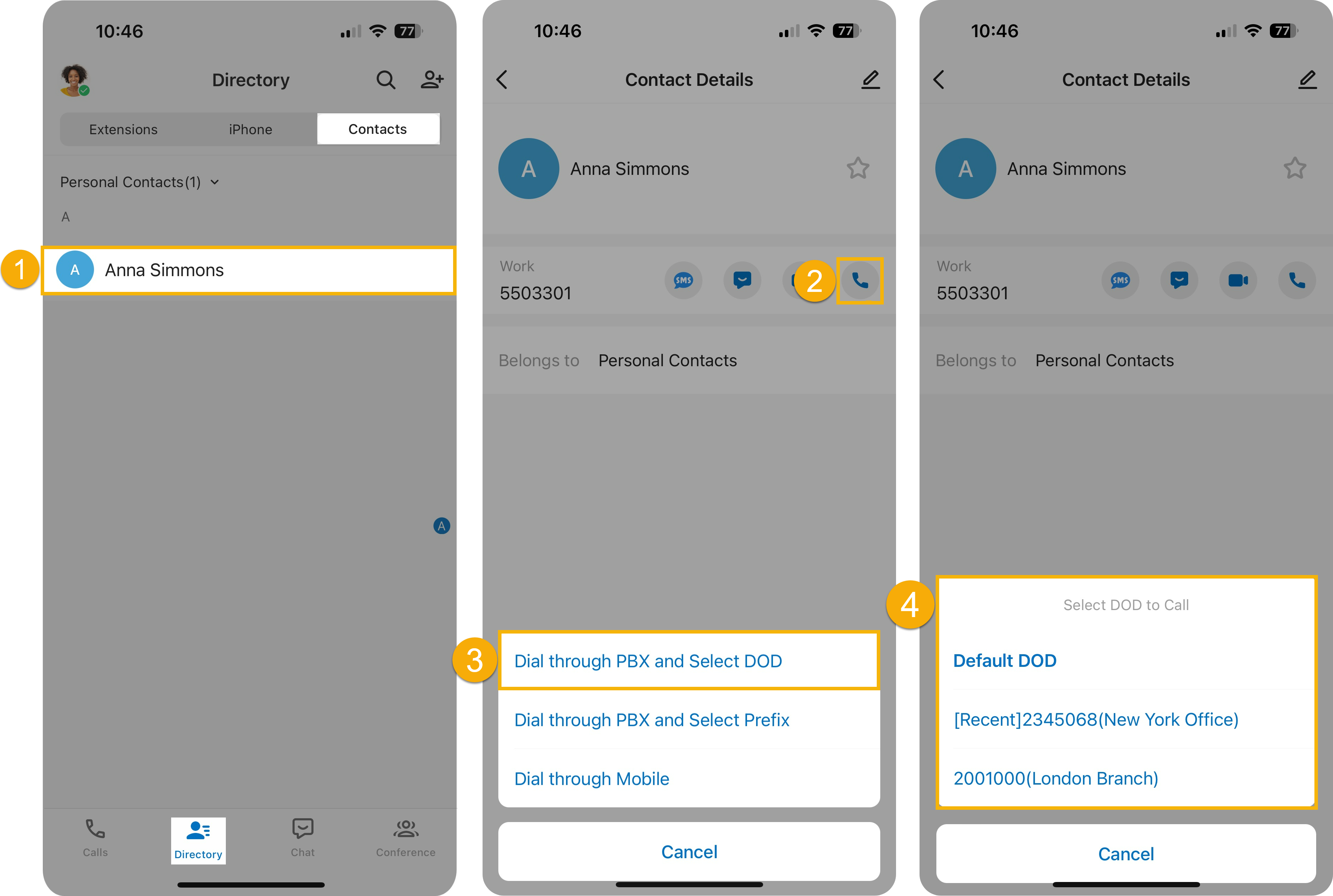 Contact detail view with the option to dial through the PBX and choose a DOD