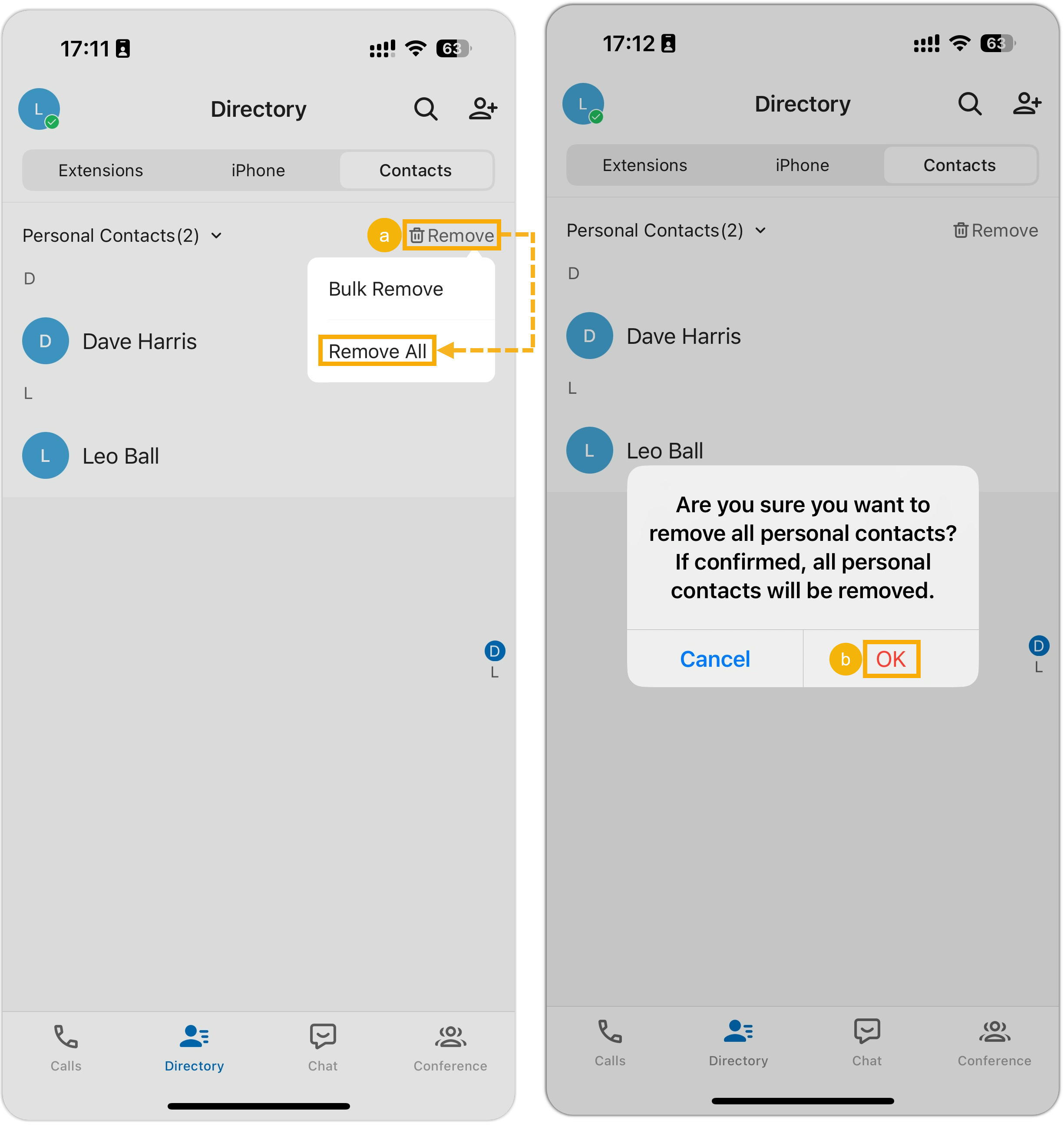 Confirming removal of all personal contacts
