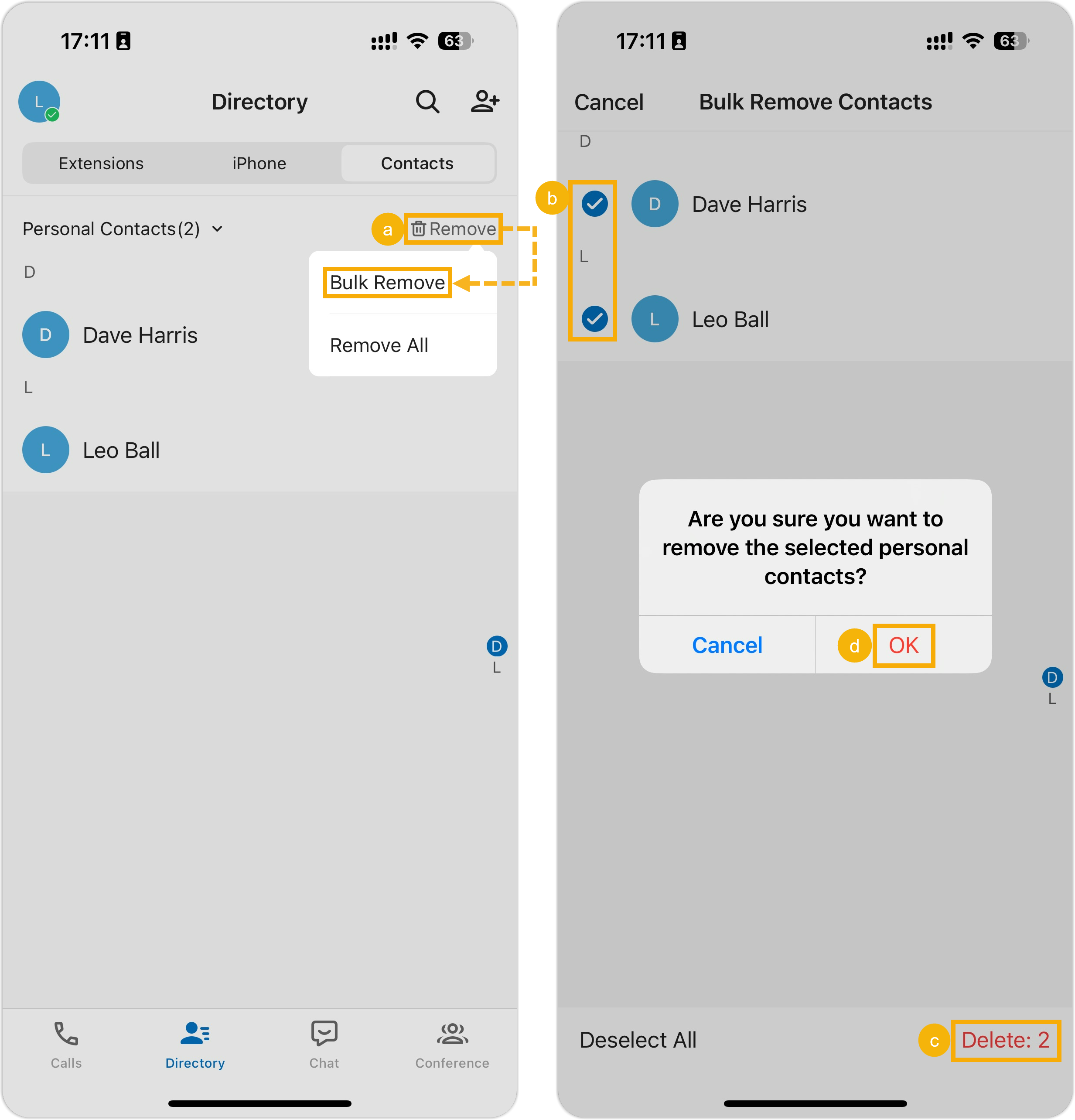 Selecting individual personal contacts for bulk removal