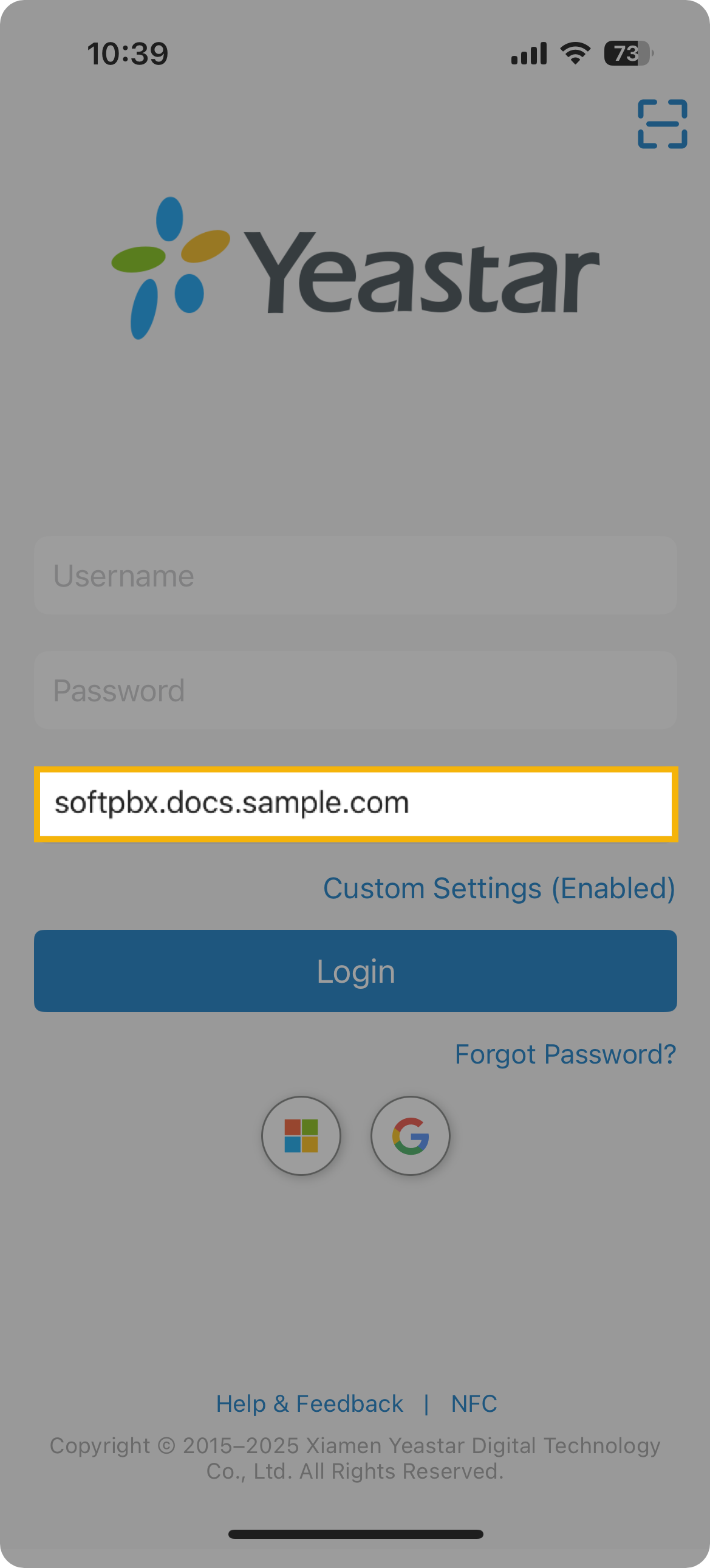 Cloud Voice, mobile login screen with the Domain field ready for the server address