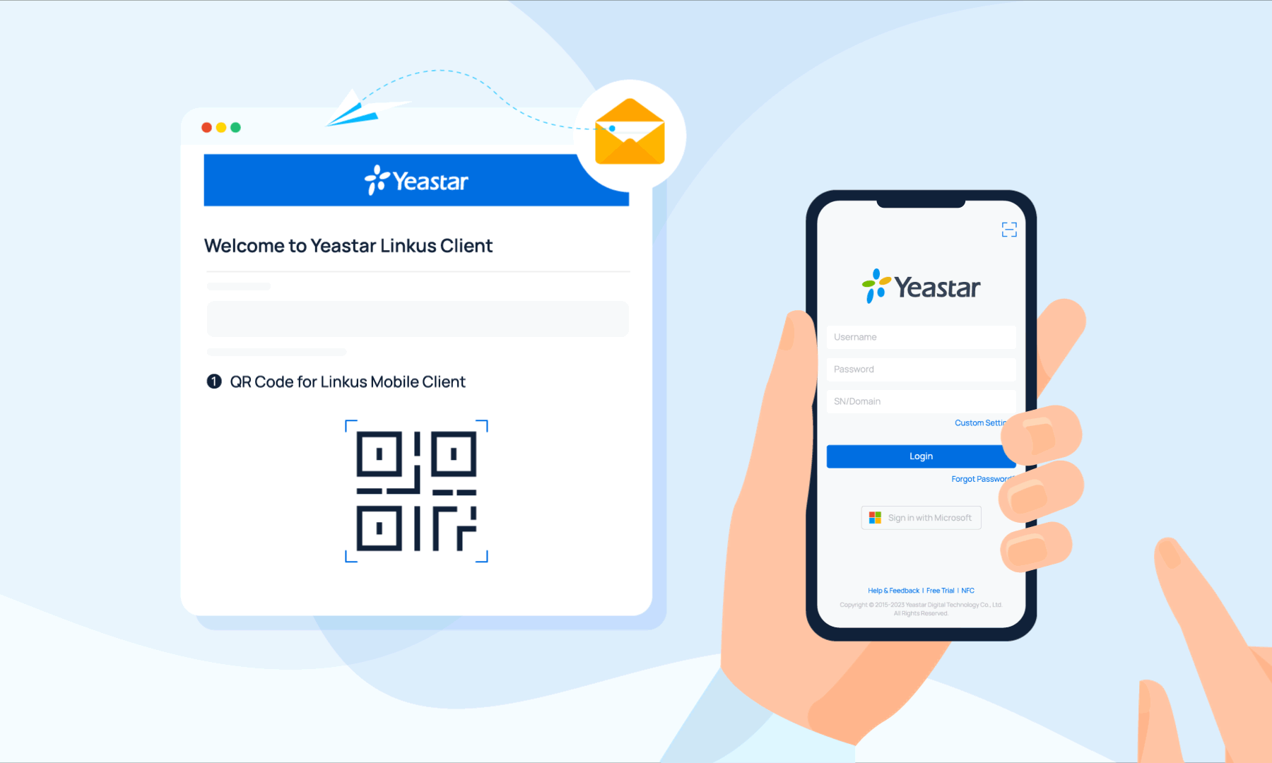 Cloud Voice, scanning the welcome-email QR code to sign in on the mobile app