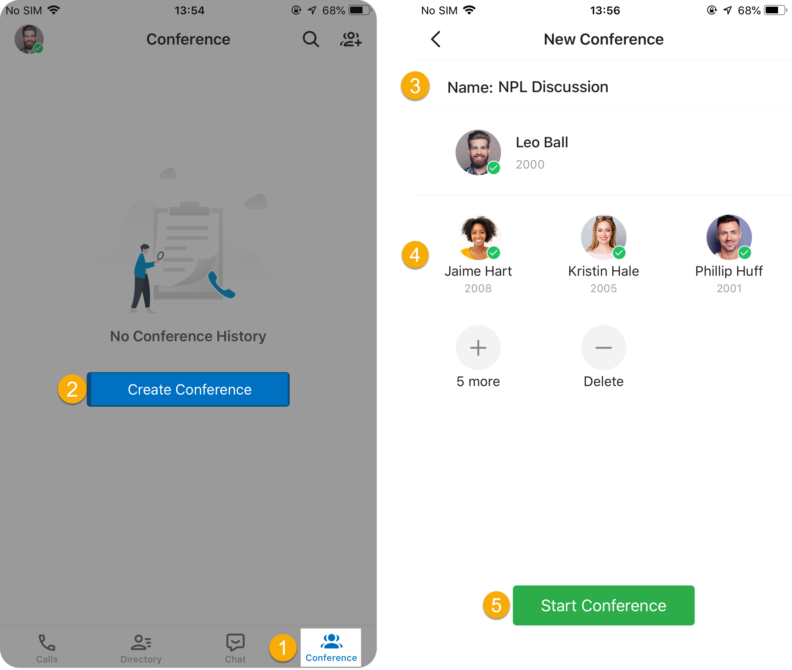 Cloud Voice App conference screen with the Name field and controls for adding participants